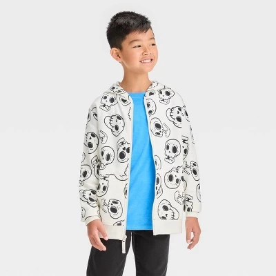 Boys' Skull Printed Halloween Zip-Up Sweatshirt - Cat & Jack™ Cream - Image 3