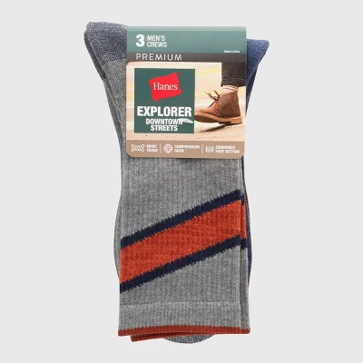 Hanes Premium Men's Diagonal Rugby Striped City Streets Explorer Crew Socks 3pk - Gray/Blue 6-12 - Image 2